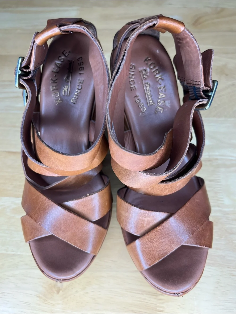 Kork-Ease Hailey Leather Platform Wedge Sandals Brown Double Buckle Strappy Sz 6